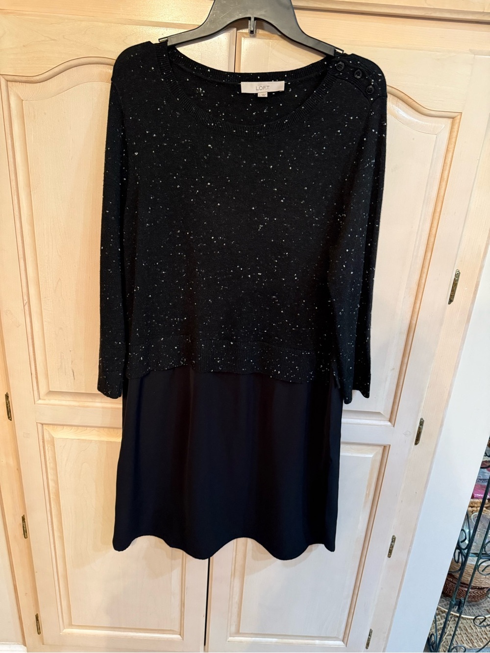 LOFT Black Speckled Knit Layered Long-Sleeve Dress